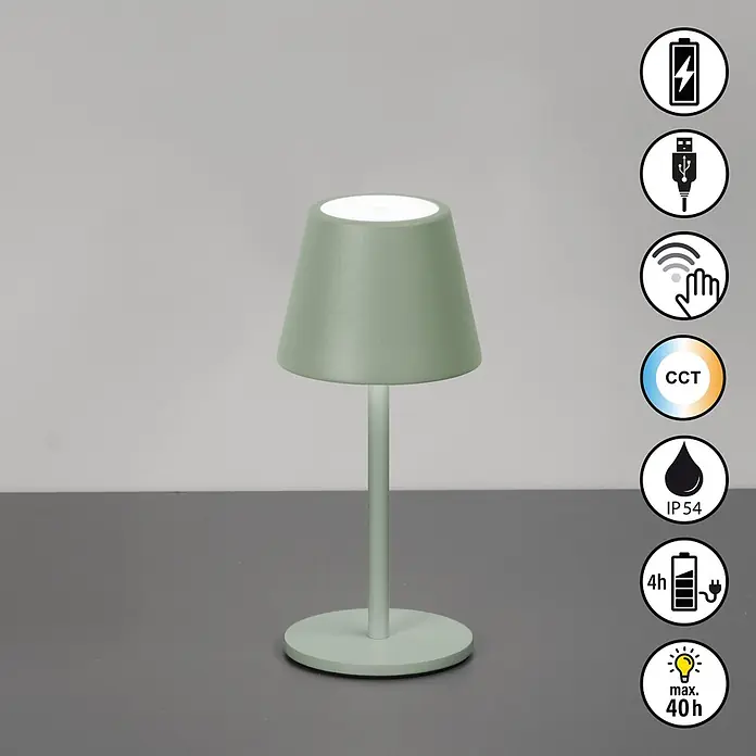 FHL easy Akku-Tischleuchte Salerno - L x B x H: 8,5 x 8,5 x 20 cm, Salbeigrün, Kaltweiß, IP54 - Hellgrüne, wiederaufladbare Tischleuchte mit konischem Schirm und rundem Fuß, mit Touch-Steuerung und einstellbarer Lichtfarbe.