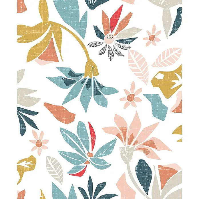 Marburg Flora Vliestapete Floral IV - Weiß-Blau-Rot, Floral, 10,05 x 0,53 m - Abstraktes botanisches Muster mit verwaschenen Blättern und Blumen in Gold, Blau, Rosa und Rot.