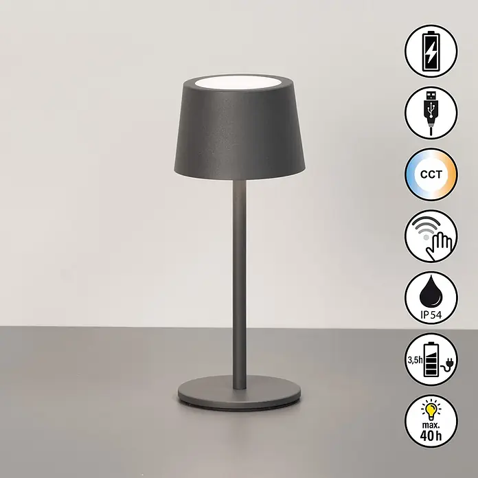 FHL easy Akku-Tischleuchte Belluno - L x B x H: 9 x 9 x 22 cm, Sandgrau, Kaltweiß, IP54 - Dunkelgraue LED-Tischleuchte mit zylindrischem Fuß, schlankem Ständer und konischem Schirm, die hellweißes Licht abstrahlt.