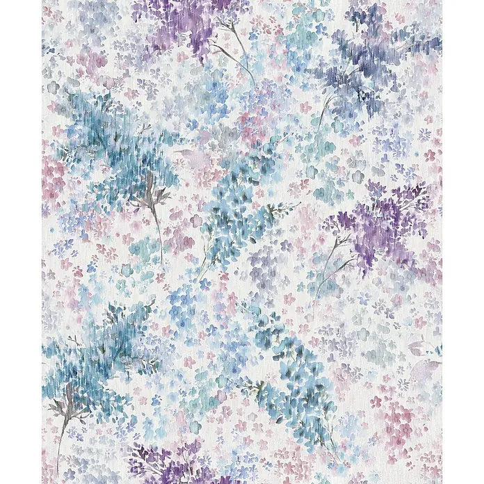Marburg Flora Vliestapete Floral - Weiß-Blau-Lila, Floral, 10,05 x 0,53 m - Aquarell-Blumenmuster in Blau-, Lila- und Rosatönen, mit zarten Blüten und Zweigen.