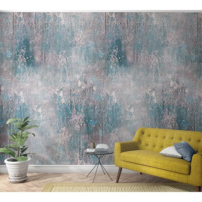 Marburg Smart Art Easy Fototapete Holzoptik - B x H: 159 mm x 270 cm, Vlies, Blau-Rot - Industrielle Tapete in Used-Optik in Petrol, Braun und Weiß mit Nieten.