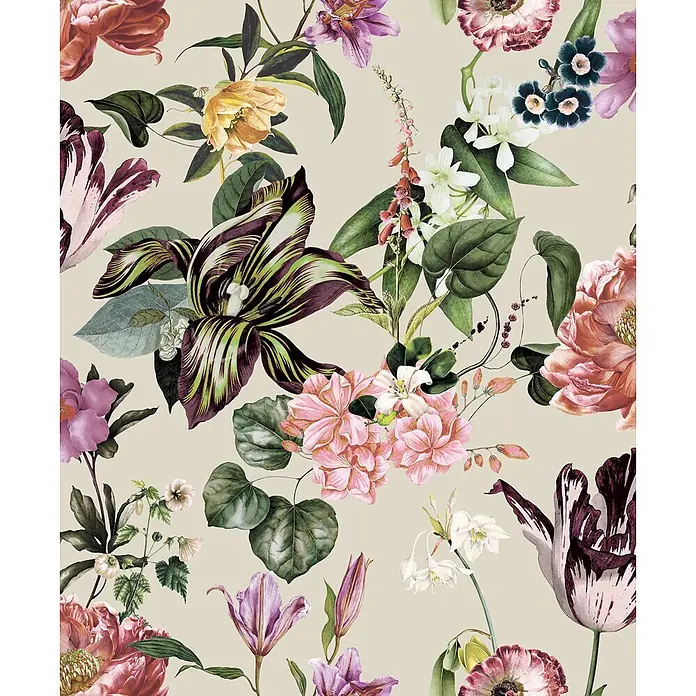 Marburg Flora Vliestapete Flora II - Beige-Rosa-Grün, Floral, 10,05 x 0,53 m - Lebhaftes Blumenmuster mit verschiedenen Vintage-Botanikillustrationen von Tulpen, Pfingstrosen und anderen Blüten.