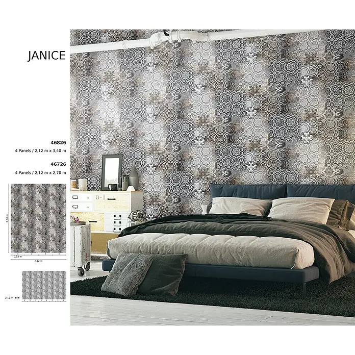 Marburg Smart Art Aspiration Fototapete Grafik-Muster - B x H: 212 x 340 cm, Vlies - JANICE Tapete mit grau-weißem, ornamentalem Fliesenmuster und rustikalen Untertönen an einer Schlafzimmerwand.