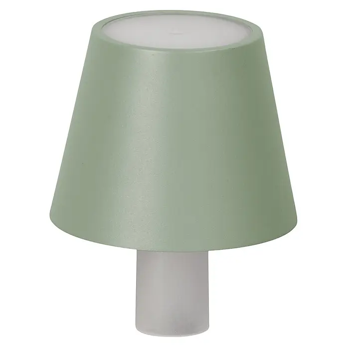 FHL easy Akku-Tischleuchte Fiocco - L x B x H: 12 x 12 x 14 cm, Salbeigrün, Kaltweiß, IP54 - Kleine grüne konische Tischlampe mit einem mattweißen zylindrischen Sockel.
