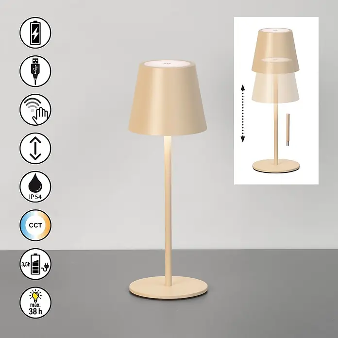 FHL easy Akku-Tischleuchte Basena - L x B x H: 11 x 11 x 32 cm, Sandfarben, Kaltweiß, IP54 - Cremefarbene, wiederaufladbare Tischleuchte mit verstellbarer Höhe, CCT und IP54-Schutzart.