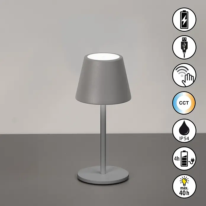 FHL easy Akku-Tischleuchte Salerno - L x B x H: 8,5 x 8,5 x 20 cm, Sandgrau, Kaltweiß, IP54 - Graue, wiederaufladbare LED-Tischlampe mit USB-Ladefunktion, Touch-Steuerung, CCT-Anpassung und IP54-Wetterschutz.