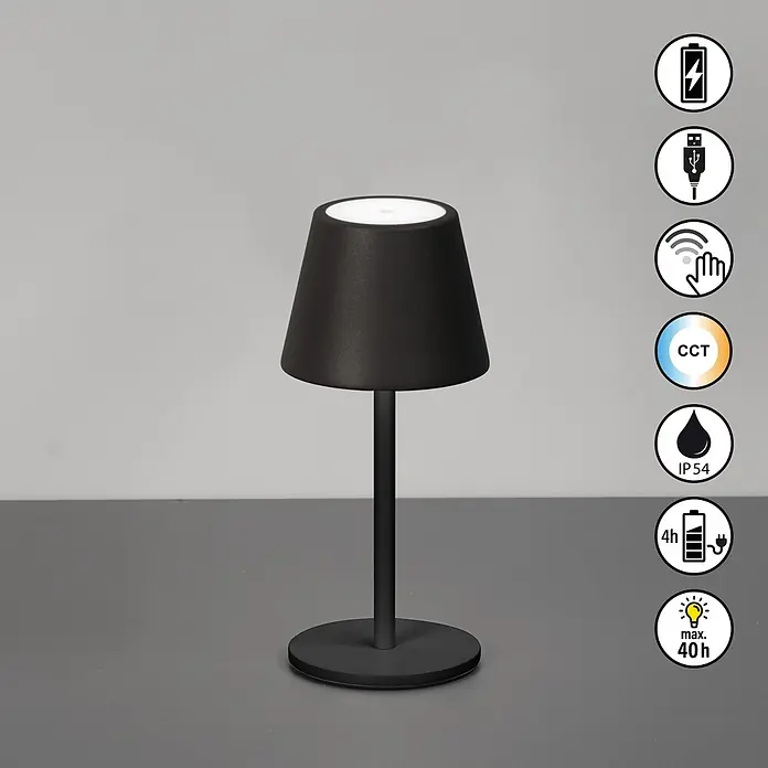 FHL easy Akku-Tischleuchte Salerno - L x B x H: 8,5 x 8,5 x 20 cm, Sandschwarz, Kaltweiß, IP54 - Schwarze tragbare Tischleuchte mit Akku, USB-Ladung, Touch-Steuerung, CCT und IP54.