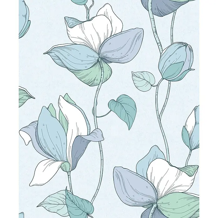 Marburg Flora Vliestapete Flora V - Blau-Grün, Floral, 10,05 x 0,53 m - Nahtloses Muster mit hellblauen, blasslila und grünen Magnolienblüten und Blättern.