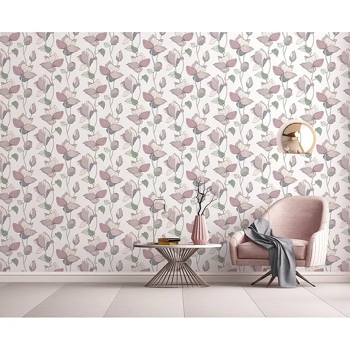 Marburg Flora Vliestapete Flora V - Weiß-Beige, Floral, 10,05 x 0,53 m - Florale Tapete mit rosa und lila Magnolienblüten in einer gemütlichen Wohnzimmerumgebung.