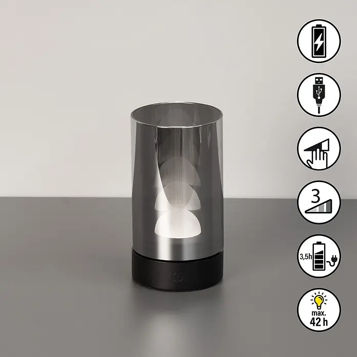 FHL easy Akku-Tischleuchte Fenya - L x B x H: 8 x 8 x 14,5 cm, Sandschwarz, Warmweiß, IP54 - Zylindrische wiederaufladbare LED-Lampe mit metallisch-silberner Oberseite und schwarzem Sockel, mit Ein-/Ausschalter und Touch-Dimmung.