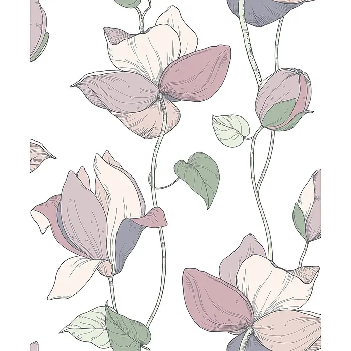 Marburg Flora Vliestapete Flora V - Weiß-Beige, Floral, 10,05 x 0,53 m - Nahtloses Muster mit pastellfarbenen Magnolienblüten in Rosa und Violett mit grünen Blättern.