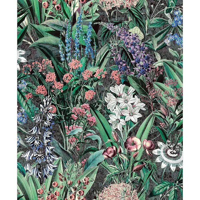 Marburg Flora Vliestapete Flora VI - Schwarz-Grün, Floral, 10,05 x 0,53 m - Üppiges botanisches Muster mit verschiedenen bunten Blumen und leuchtend grünen Blättern auf dunklem, texturiertem Hintergrund.
