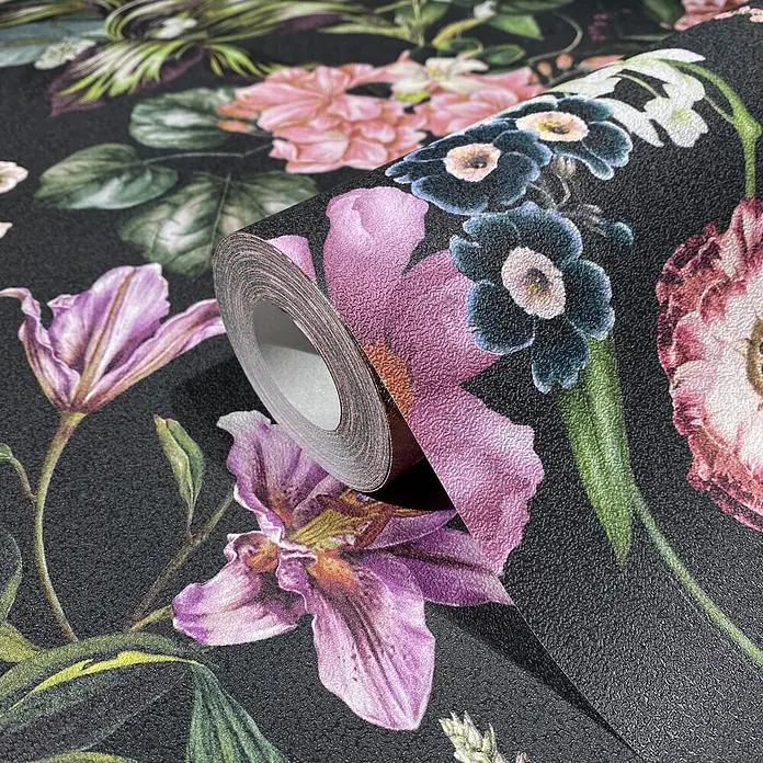 Marburg Flora Vliestapete Flora II - Schwarz-Rosa-Grün, Floral, 10,05 x 0,53 m - Rolle dunkler Tapete mit lebhaftem Blumenmuster und geprägter Textur.