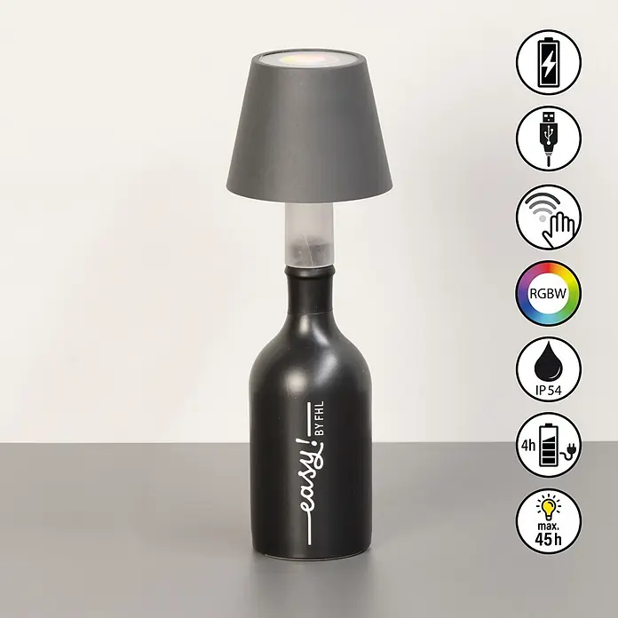 FHL easy Akku-Tischleuchte Fiocco - L x B x H: 12 x 12 x 14 cm, Sandgrau, Warmweiß, IP54 - Wiederaufladbare schwarze Flaschenlampe mit dunkelgrauem Schirm und farbwechselnder LED.