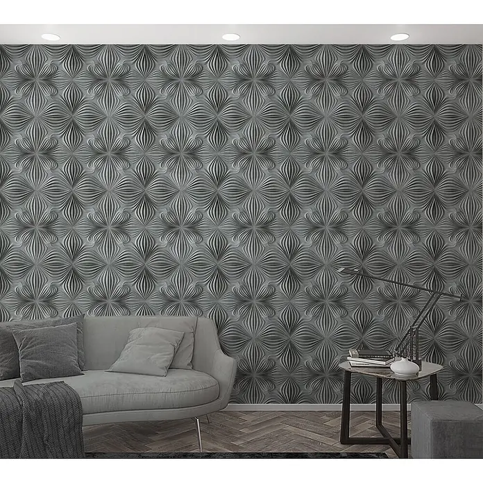 Marburg Smart Art Aspiration Fototapete Grafisch - B x H: 159 mm x 270 cm, Vlies, Grau - Graue 3D-Wandpaneele mit einem sich wiederholenden wellenartigen geometrischen Muster, auf einer modernen Wohnzimmerwand.