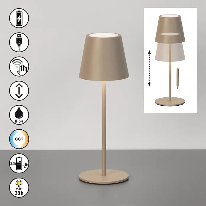 FHL easy Akku-Tischleuchte Basena - L x B x H: 11 x 11 x 32 cm, Dark Greige, Kaltweiß, IP54 - Beige, höhenverstellbare Tischleuchte mit Touch-Steuerung, Akku und einstellbarer Farbtemperatur.