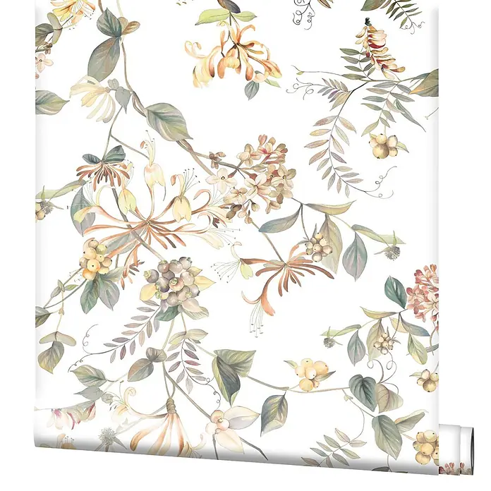 Marburg Flora Vliestapete Floral I - Weiß-Grün, Floral, 10,05 x 0,53 m - Ausgerollte botanische Aquarelltapete mit zarten Blumen, Blättern und Beeren in gedeckten Grün-, Gelb- und Beigetönen.