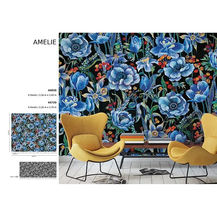 Marburg Smart Art Aspiration Fototapete Floral Design - B x H: 318 x 340 cm, Vlies - Blumentapete mit blauen Blüten auf dunklem Grund, schmückt einen Raum.