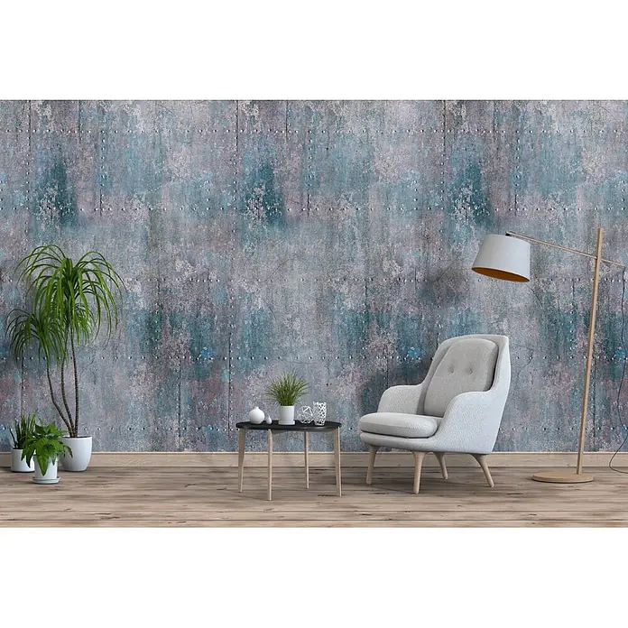 Marburg Smart Art Easy Fototapete Holzoptik - B x H: 159 mm x 270 cm, Vlies, Blau-Rot - Industrielle blau-graue Used-Tapete mit Nietenlinien an einer Wand in modernem Wohnzimmer.