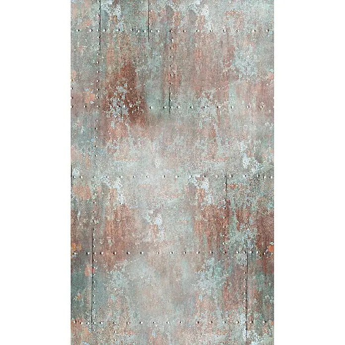 Marburg Smart Art Easy Fototapete Holzoptik - B x H: 159 mm x 270 cm, Vlies, Grau-Rot - Rostige Metallplatte mit grüner Patina und Nieten als Textur.