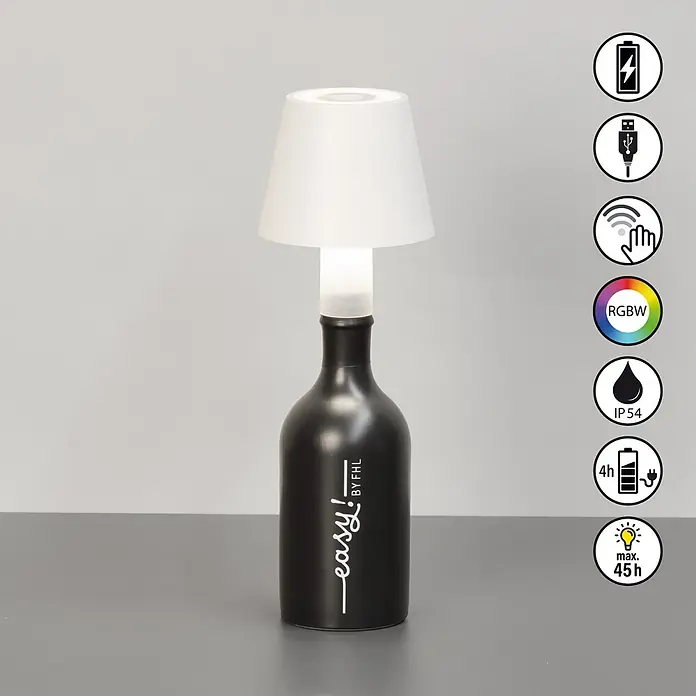 FHL easy Akku-Tischleuchte Fiocco - L x B x H: 12 x 12 x 14 cm, Sandweiß, Warmweiß, IP54 - Schwarze flaschenförmige Lampe mit weißem Lampenschirm, Touch-Steuerung, RGBW-Licht und langer Akkulaufzeit (max. 45h).