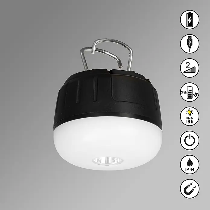 FHL easy Akku-Lampe Multifunktion - 260 lm - Tragbare Campinglaterne mit schwarzem Oberteil, weißem Diffusor und silbernen Griffen.
