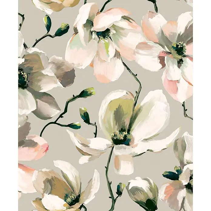 Marburg Flora Vliestapete Floral III - Beige-Weiß-Orange, Floral, 10,05 x 0,53 m - Abstraktes gemaltes Blumenmuster mit großen, hellen Blüten und grünen Akzenten.