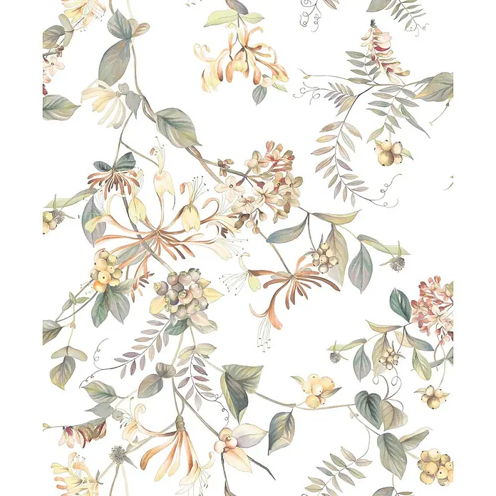 Marburg Flora Vliestapete Floral I - Weiß-Grün, Floral, 10,05 x 0,53 m - Aquarell-Blumenmuster mit Geißblatt-artigen Blüten, Blättern und Beeren in gedeckten Gelb-, Orange- und Grüntönen.