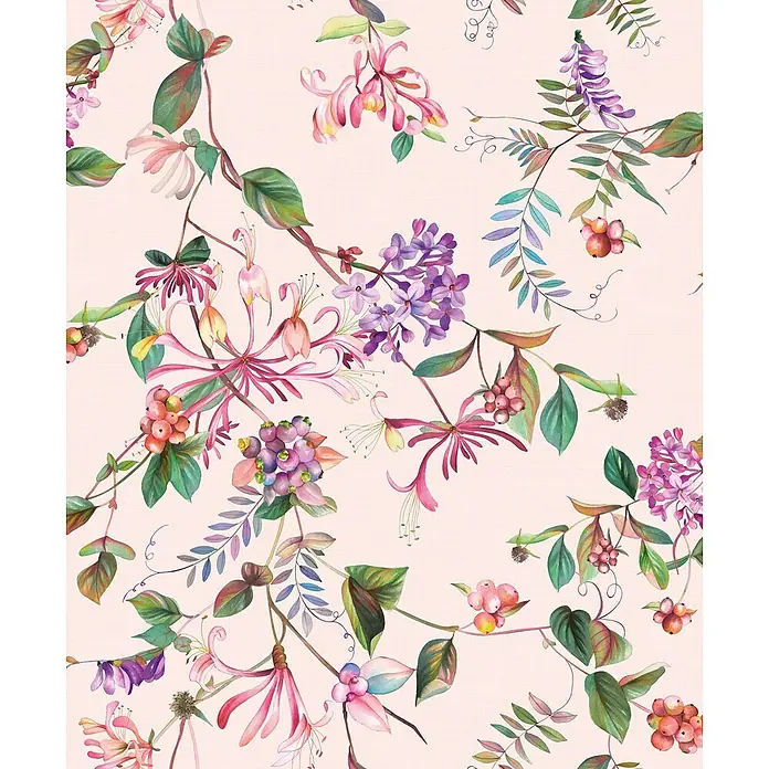 Marburg Flora Vliestapete Floral I - Beige-Rosa-Grün, Floral, 10,05 x 0,53 m - Aquarell-Blumenmuster mit Ranken, rosa und violetten Blüten, roten Beeren und grünen Blättern.