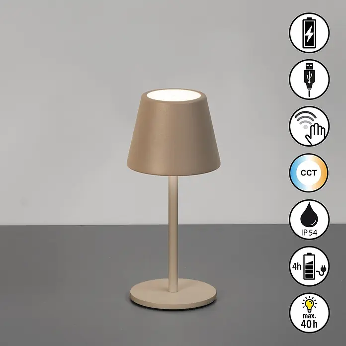 FHL easy Akku-Tischleuchte Salerno - L x B x H: 8,5 x 8,5 x 20 cm, Grau/ Braun, Kaltweiß, IP54 - Beige aufladbare Tischlampe mit konischem Schirm. USB-ladbar, Touch-Steuerung, einstellbare CCT, IP54, 4h Ladezeit, bis zu 40h Laufzeit.