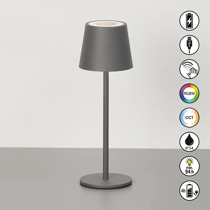 FHL easy Akku-Tischleuchte Bisco - L x B x H: 9 x 9 x 27,5 cm, Sandgrau, Kaltweiß, IP54 - Graue tragbare Tischleuchte mit konischem Schirm. Mit Touch-Steuerung, RGBW/CCT-Licht, IP54 und bis zu 94h Akkulaufzeit per USB.