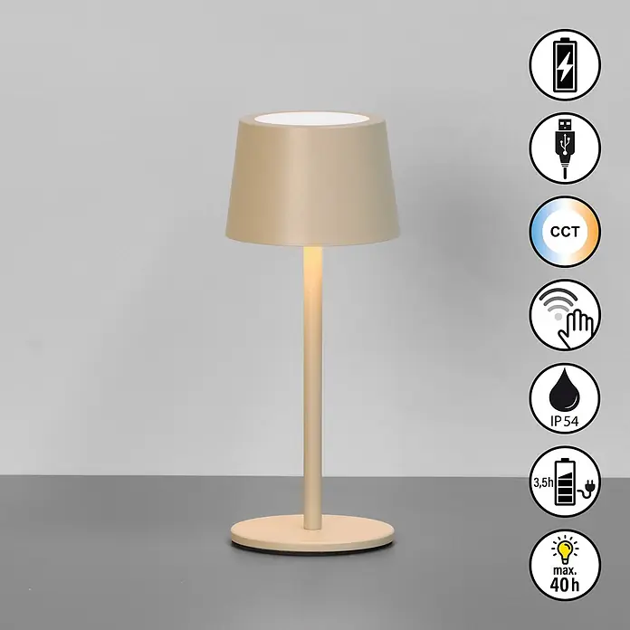 FHL easy Akku-Tischleuchte Belluno - L x B x H: 9 x 9 x 22 cm, Sandfarben, Kaltweiß, IP54 - Sandfarbene kabellose Tischleuchte mit konischem Schirm. Mit USB-Ladefunktion, einstellbarer Lichtfarbe, Helligkeit, Touch-Steuerung und IP54-Schutzart.