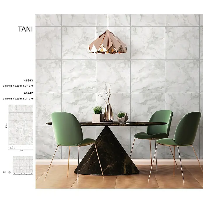 Marburg Smart Art Aspiration Fototapete Fliesenoptik - B x H: 159 mm x 340 cm, Vlies - TANI Wandpaneele in weißer Marmoroptik elegant in einem modernen Esszimmer installiert.