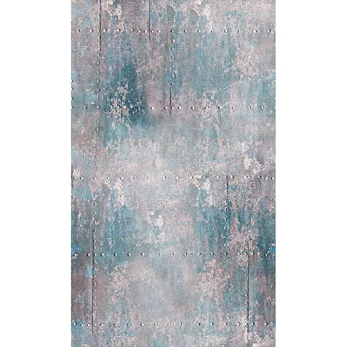 Marburg Smart Art Easy Fototapete Holzoptik - B x H: 159 mm x 270 cm, Vlies, Blau-Rot - Verwitterte blaugrüne und rostige Metalltextur mit Reihen von Silbernieten und abblätternder Farbe.