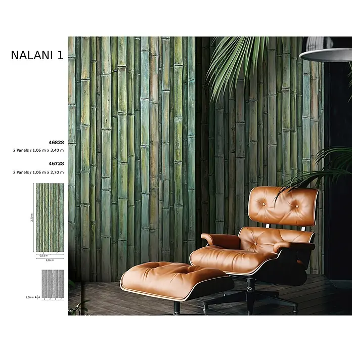 Marburg Smart Art Aspiration Fototapete Bamboo - B x H: 106 x 340 cm, Vlies - NALANI 1 Tapete mit grün-braunem Bambusmuster, an einer Wand angebracht.