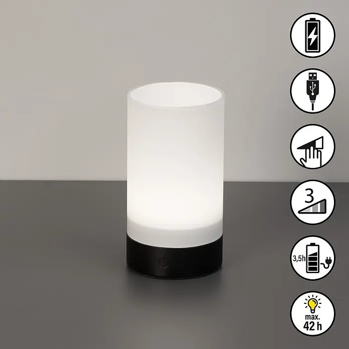FHL easy Akku-Tischleuchte Fenya - L x B x H: 8 x 8 x 14,5 cm, Weiß, Warmweiß, IP54 - Eine weiße zylindrische wiederaufladbare LED-Tischlampe mit schwarzem Sockel, mit Touch-Steuerung und mehreren Dimmstufen.