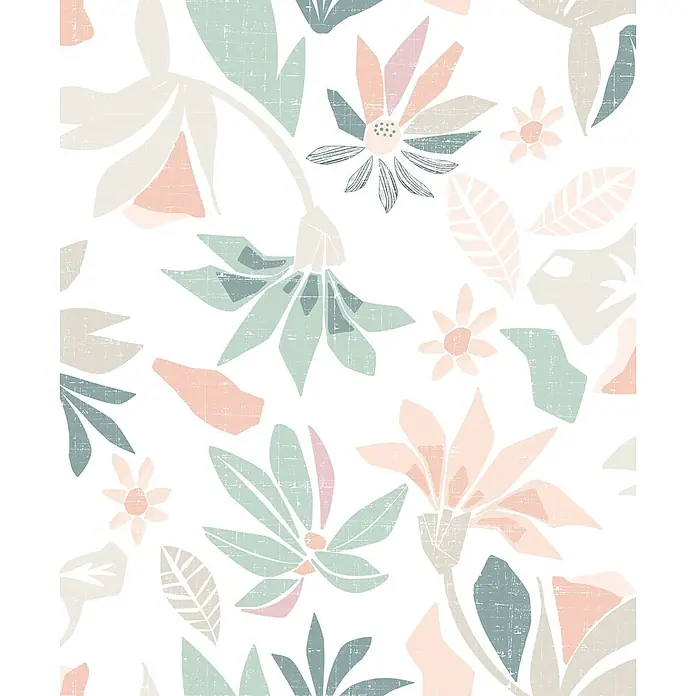 Marburg Flora Vliestapete Floral IV - Weiß-Grün-Orange, Floral, 10,05 x 0,53 m - Nahtloses Muster mit abstrakten, verblassten Pastellblumen und -blättern in Salbeigrün, Rosa und Beige.