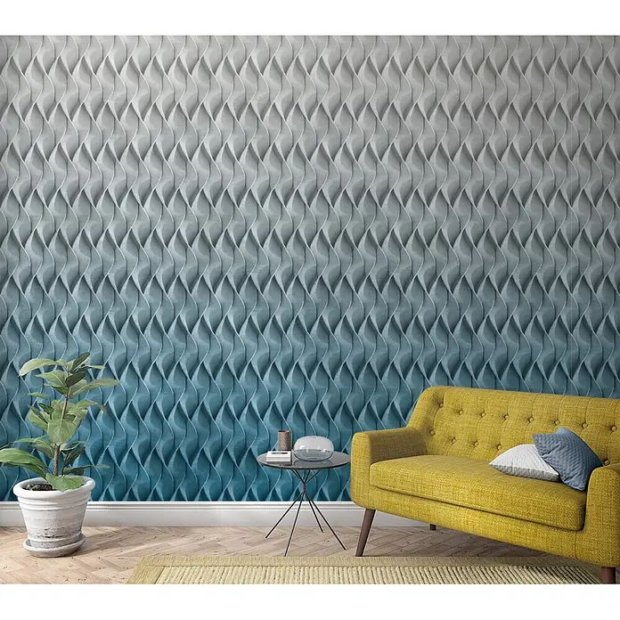 Marburg Smart Art Aspiration Fototapete Grafik V - B x H: 159 mm x 270 cm, Vlies, Grau-Blau - Ombré-Strukturwandverkleidung mit welligem 3D-Muster in Blau- und Grautönen, installiert in einem modernen Wohnzimmer.