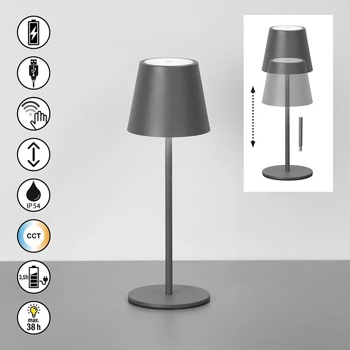 FHL easy Akku-Tischleuchte Basena - L x B x H: 11 x 11 x 32 cm, Sandgrau, Kaltweiß, IP54 - Graue, wiederaufladbare LED-Tischleuchte mit einstellbarer Höhe, Touch-Steuerung, IP54 und CCT. 3,5h Ladezeit für max. 38h Akkulaufzeit.