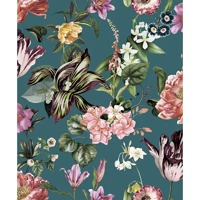 Marburg Flora Vliestapete Flora II - Blau-Grün-Rosa, Floral, 10,05 x 0,53 m - Üppiges Vintage-Blumenmuster mit vielfältigen, farbenfrohen botanischen Illustrationen von Blumen und Blättern.