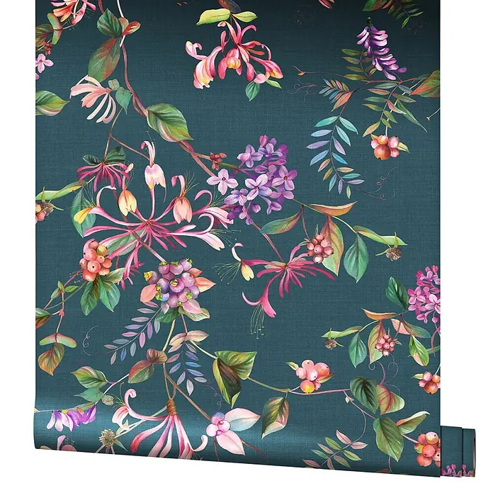 Marburg Flora Vliestapete Floral I - Blau-Grün, Floral, 10,05 x 0,53 m - Botanische Tapetenrolle mit dunkelblaugrünem Hintergrund und floralen Mustern in Rosa, Lila und Grün.