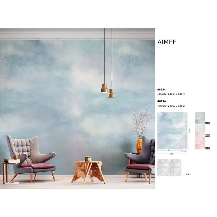 Marburg Smart Art Aspiration Fototapete Wolken I - B x H: 212 x 340 cm, Vlies, Blau - Blaue und weiße Aquarell-Wolken-Wandtapete (Aimee) im Wohnzimmer installiert, mit Muster in Grau, Beige und Rosa.