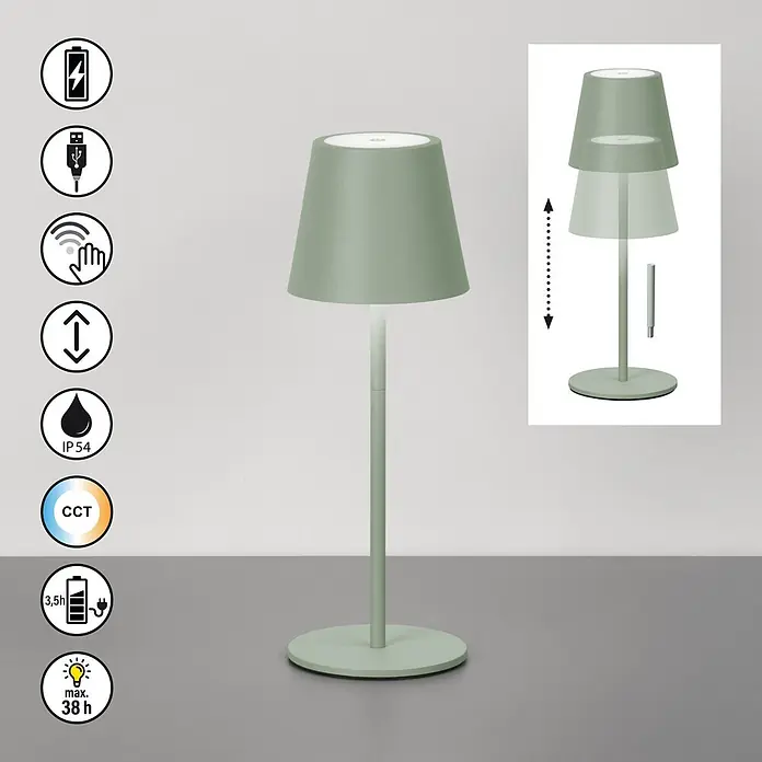FHL easy Akku-Tischleuchte Basena - L x B x H: 11 x 11 x 32 cm, Salbeigrün, Kaltweiß, IP54 - Verstellbare mintgrüne Tischlampe mit Akku, USB-Ladefunktion, Touch-Steuerung, IP54, CCT, bis zu 38h Leuchtdauer.