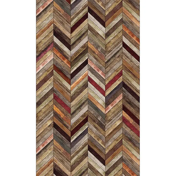 Marburg Fototapete Holzoptik - B x H: 159 mm x 270 cm, Vlies, Braun-Rot - Mehrfarbiges Altholz-Chevron-Muster, ideal für rustikale Böden oder Wandverkleidungen.