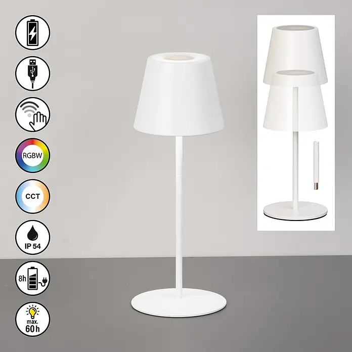 FHL easy Akku-Tischleuchte Ravenna - L x B x H: 11 x 11 x 32 cm, Sandweiß, Kaltweiß, IP54 - Weiße modulare Tischlampe mit RGBW, CCT, Touch-Steuerung, wiederaufladbarem Akku und IP54-Schutz.