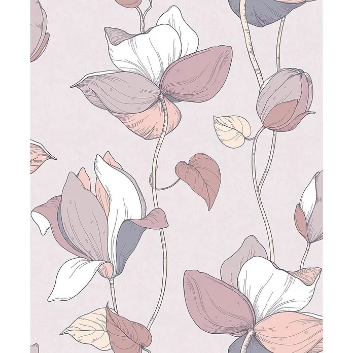 Marburg Flora Vliestapete Flora V - Braun, Floral, 10,05 x 0,53 m - Nahtloses Blumenmuster mit pastellfarbenen Magnolien und Blättern in Rosé, Lila und Weißtönen.