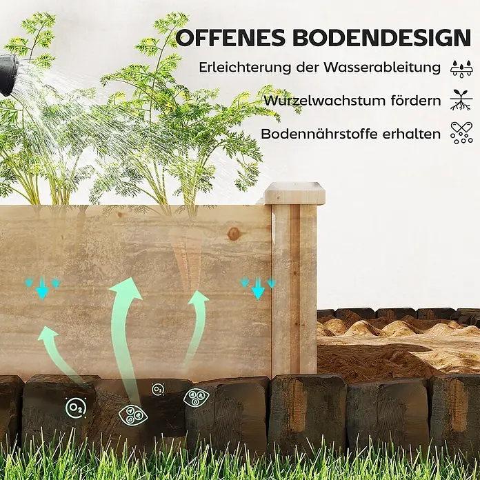 Outsunny Hochbeet - Holz, Naturholz - Hölzernes Hochbeet mit offenem Boden, das Drainage, Wurzelwachstum und Bodennährstoffe für Pflanzen fördert.