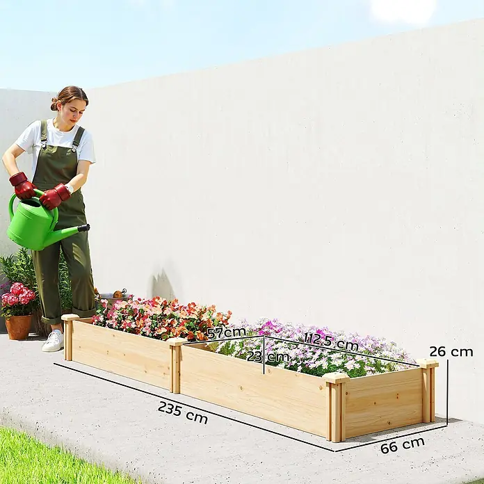 Outsunny Hochbeet - Holz, Naturholz - Hölzernes Hochbeet für Blumen, Maße 235x66x26cm, von Gärtnerin bewässert.