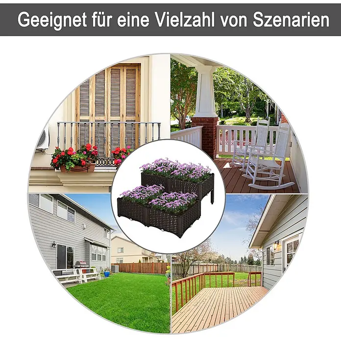 Outsunny Hochbeet 4-tlg. - 40 x 40 x 44 cm, Kunststoff, Braun - Braune Pflanzgefäße im Rattan-Stil, gestuft, mit lila Blumen, passend für Balkone, Terrassen und Gärten.