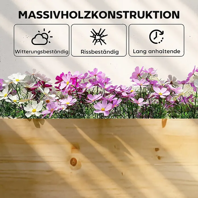 Outsunny Hochbeet - Holz, Naturholz - Massivholzkonstruktion mit rosa und weißen Blumen, die Wetter-, Rissbeständigkeit und Langlebigkeit hervorhebt.